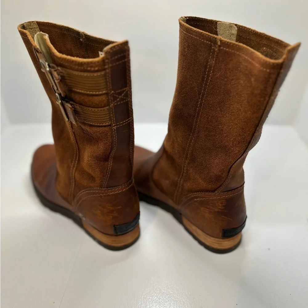Sorel Major Pull On Mid-Calf Boots Womens 6.5 Brown Leather Moto Buckle Riding